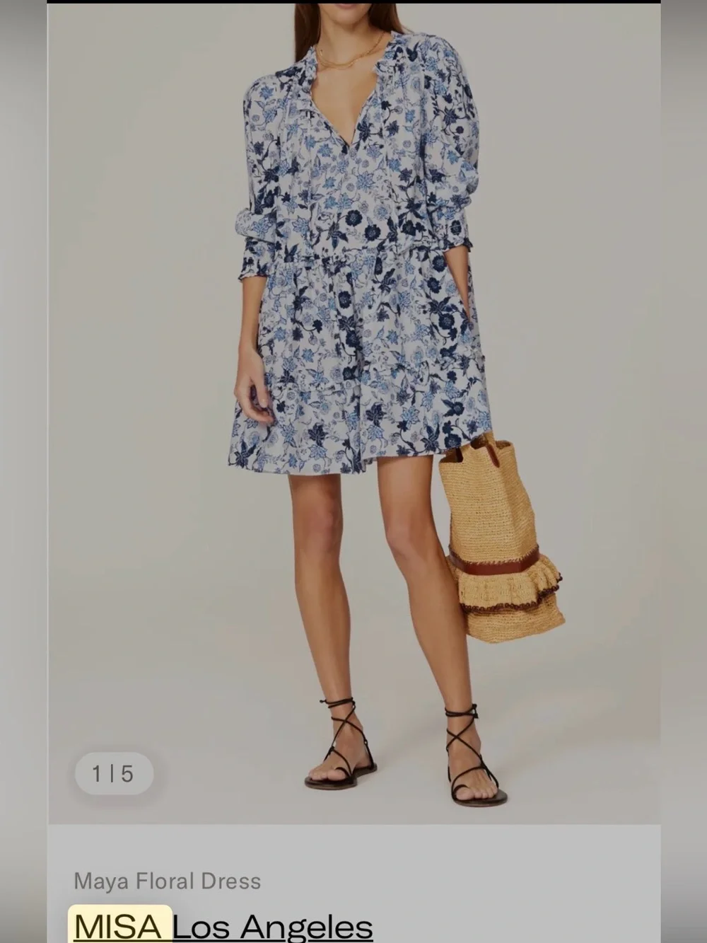 Misa Los Angeles Blue and White Floral Midi Maya Dress